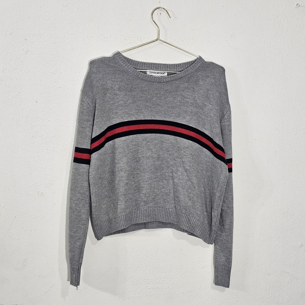 Y2K Cotton Emporium Women’s Knit Sweater Sz M Gray Striped Pullover 100% Acrylic